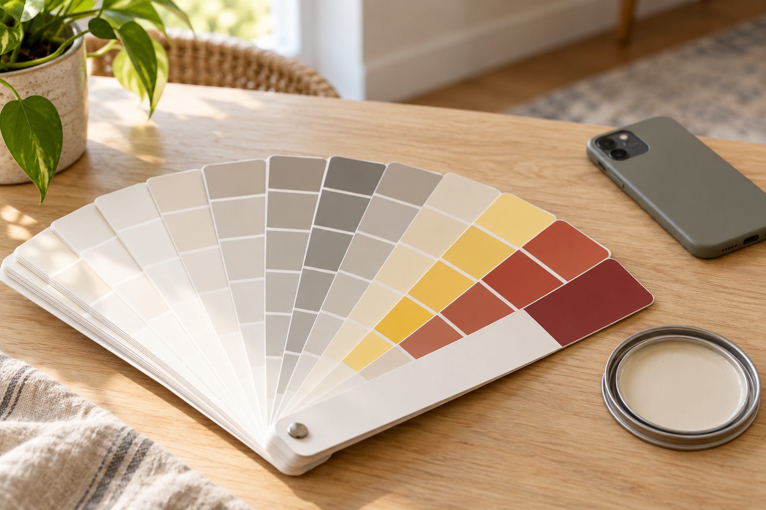 A fan of paint color swatches on a wooden table beside a phone