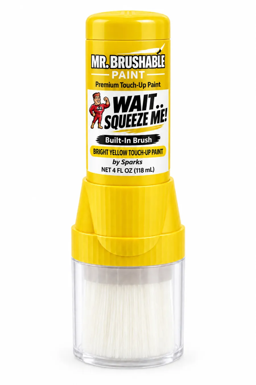 Yellow Mr. Brushable 4 oz touch-up paint bottle with built-in brush