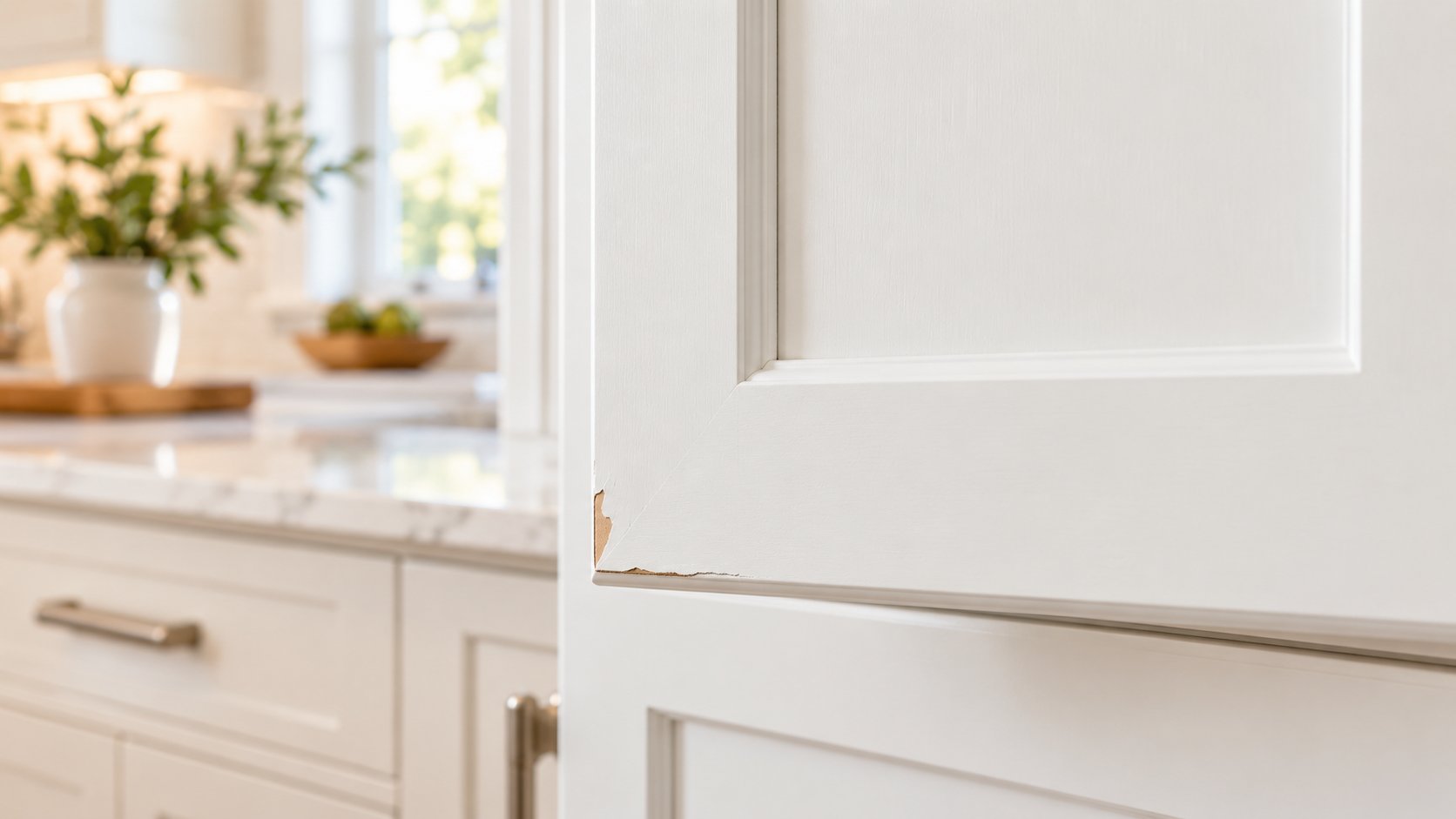 White kitchen cabinet doors in a bright kitchen
