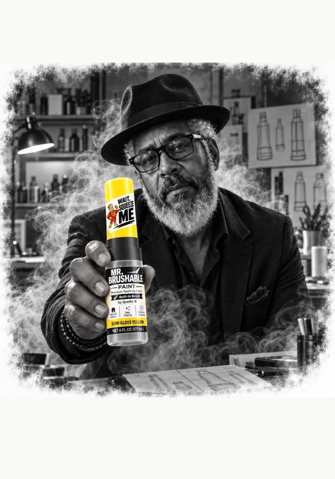 Inventor David Sparks in his hat, holding a Mr. Brushable bottle