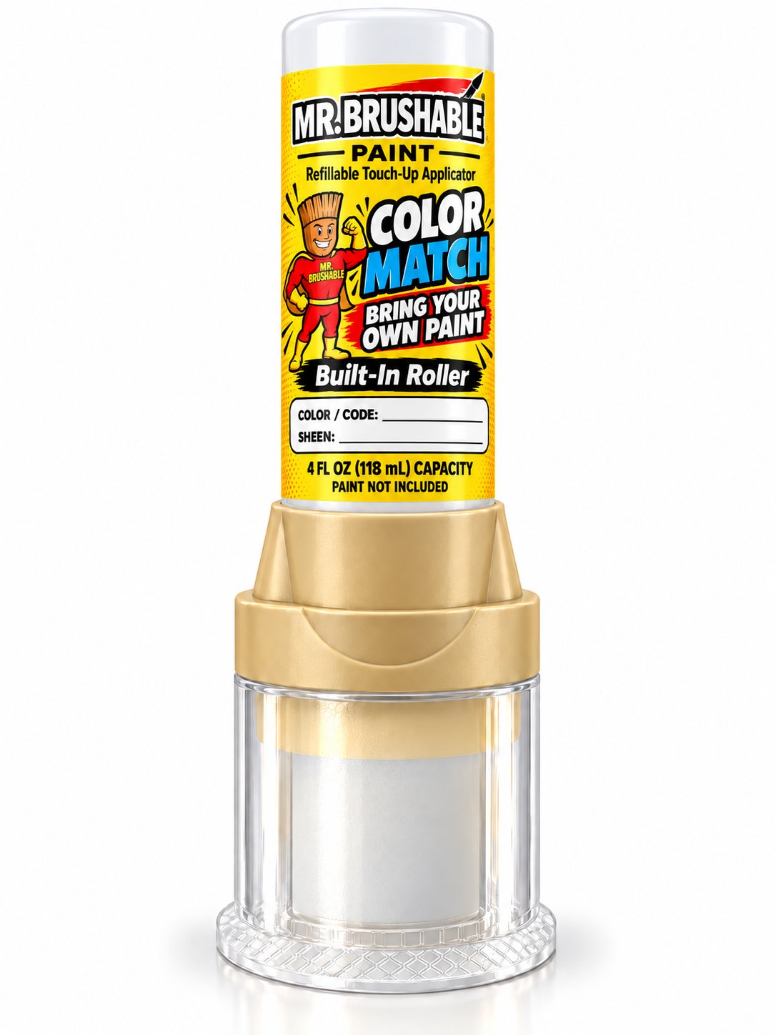Mr. Brushable empty refillable roller bottle filled with leftover wall paint