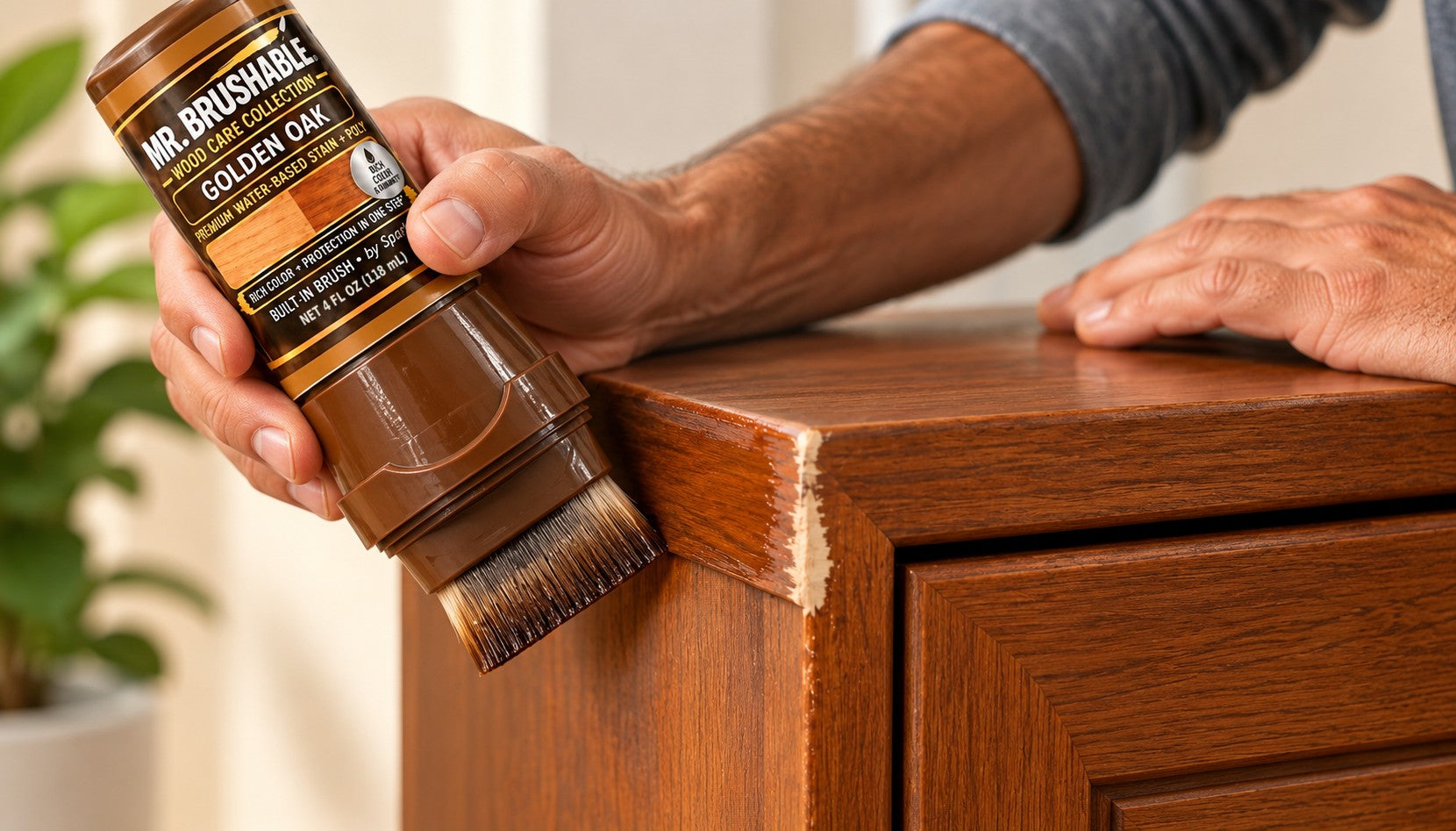 Brushing Mr. Brushable Golden Oak stain + poly onto a worn dresser corner