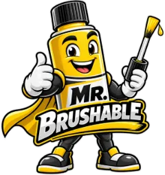 Mr. Brushable logo: the caped yellow paint-bottle hero