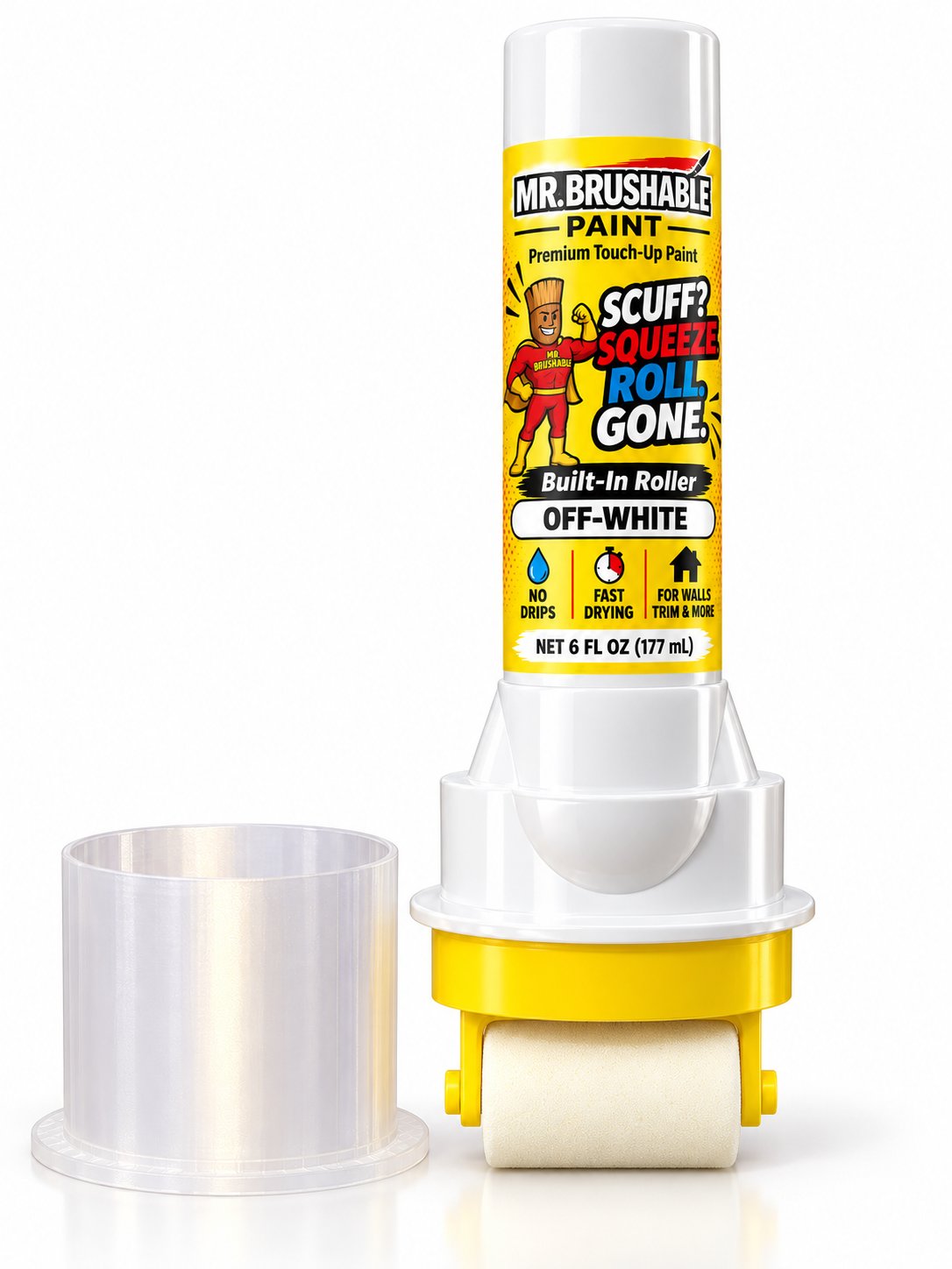 Mr. Brushable 6 oz roller bottle with the clear cap off to show the 2-inch roller