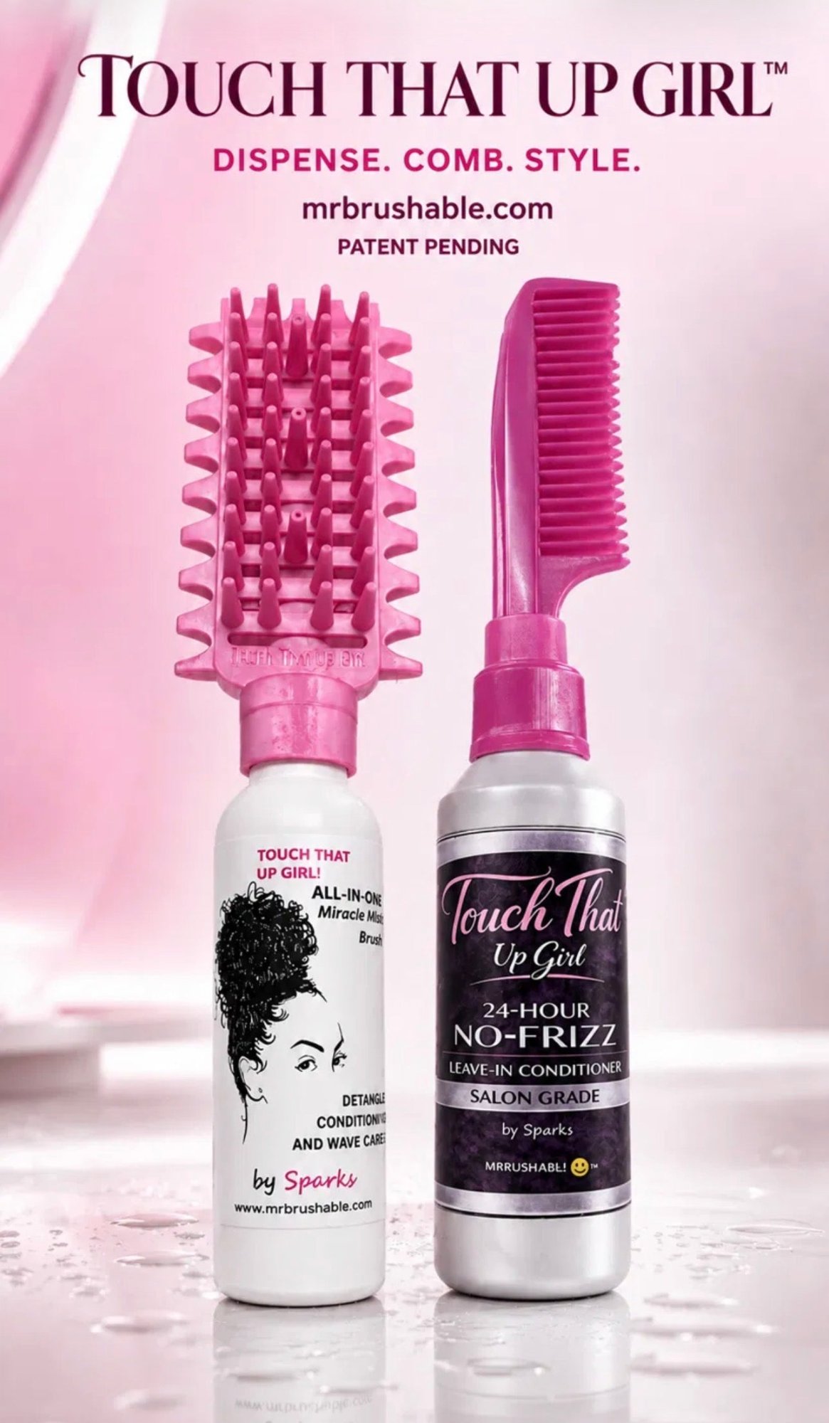 Touch That Up Girl pink built-in brush and comb applicator bottles
