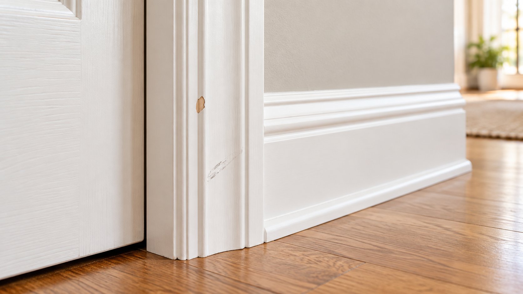 White baseboard trim along a wood floor