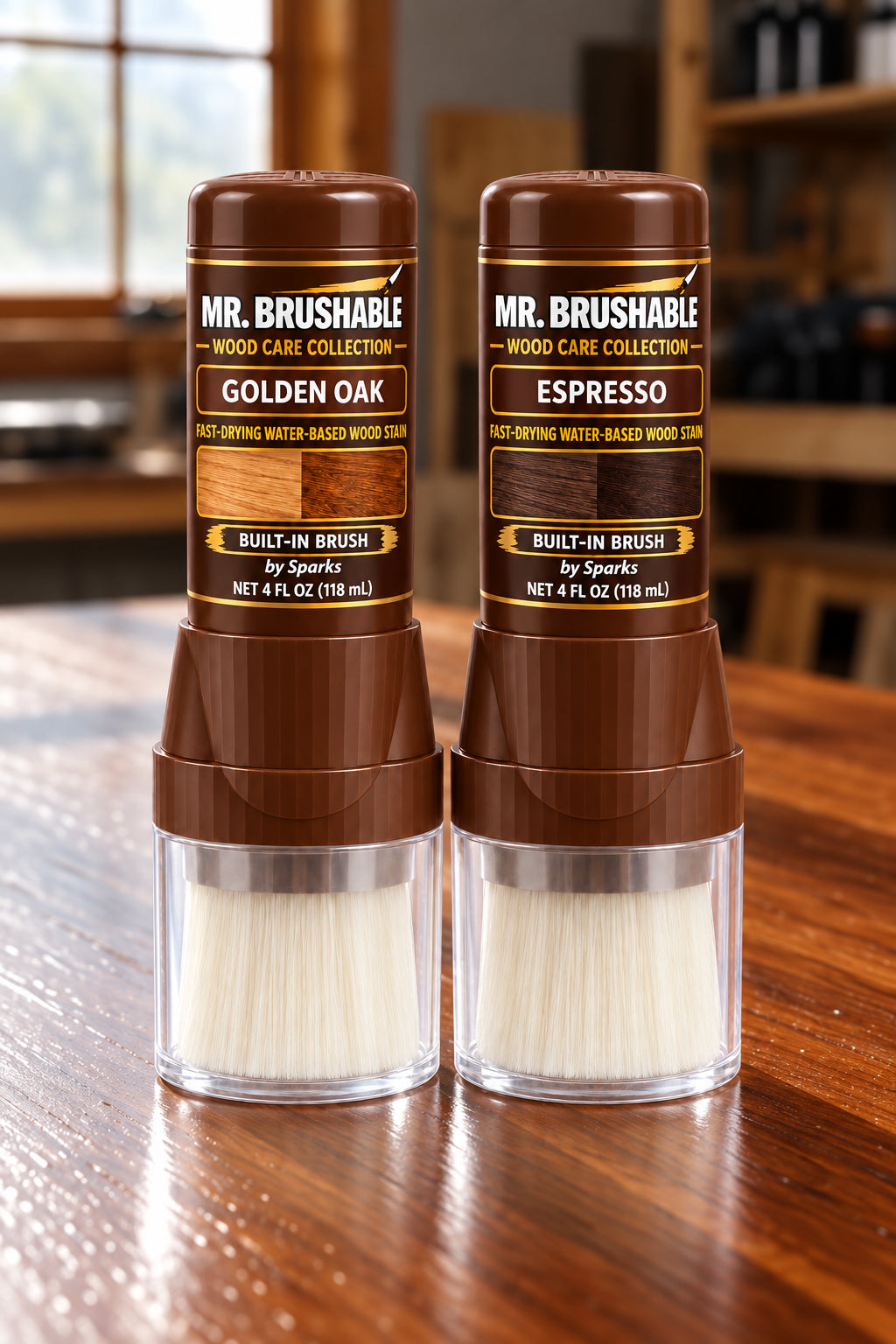 Mr. Brushable wood stain + poly bottles with built-in brush